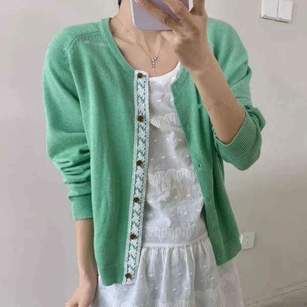 Korean Green Knitted Cardigan for Women in Spring and Autum Design Lace Splicing Thin Outwear Shawl with Versatile Top