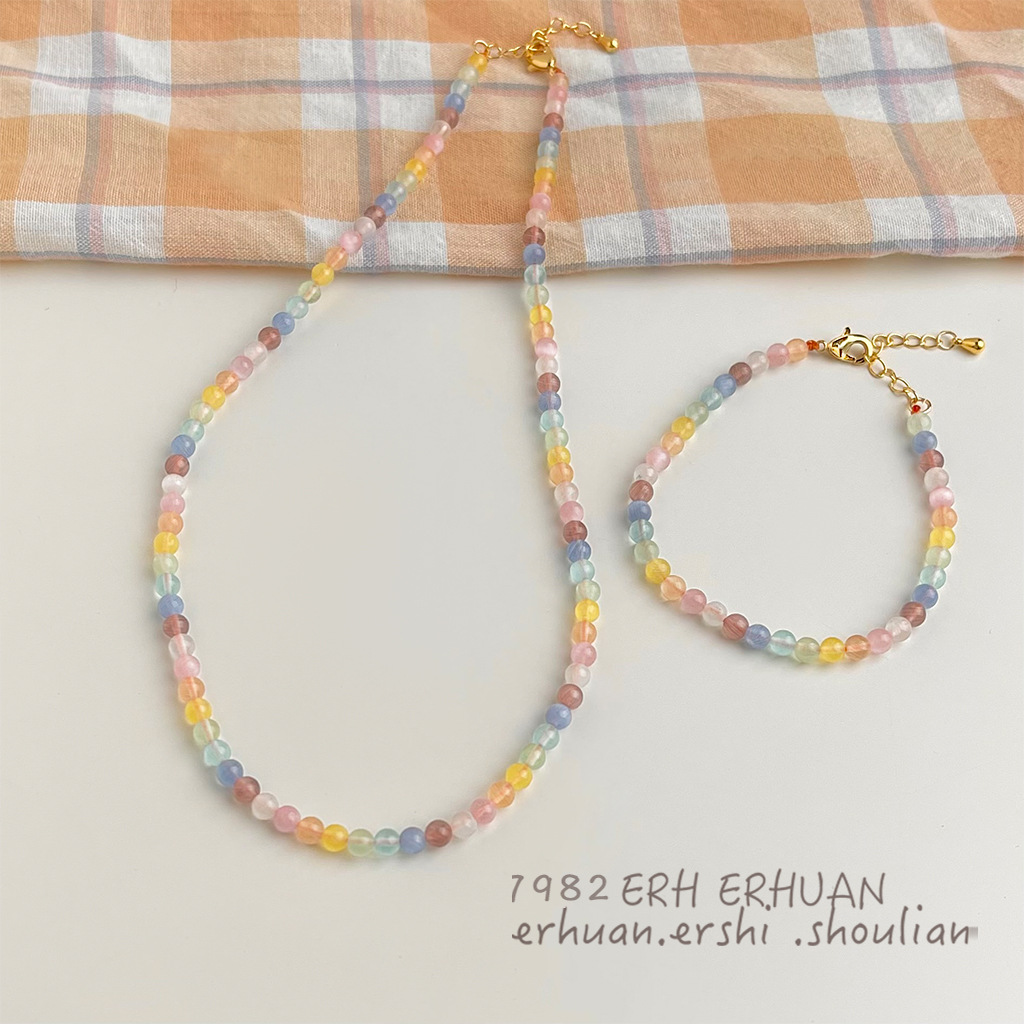 Glass Cat's Eye Fresh and Sweet Dopamine Hyundai Style Colorful Beaded Necklace Instagram Niche Collarbone Neck Chain for Women