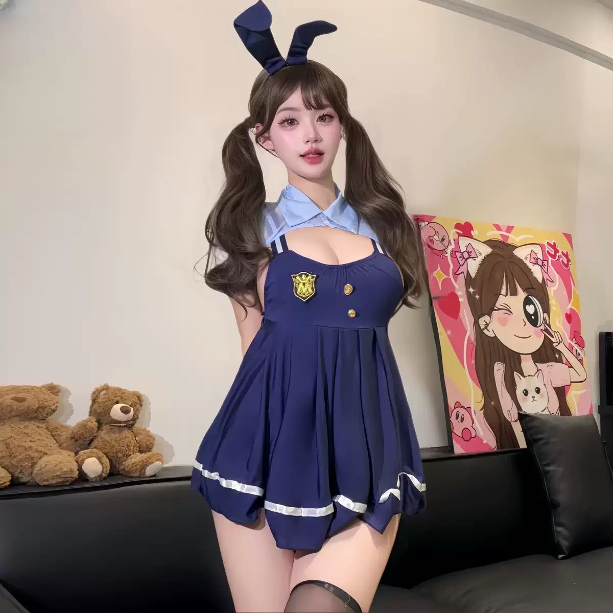 Plus-Size Pure Desire Lingerie Sexy Pleated Suspender Skirt Bunny Girl Police Uniform Temptation Role-Playing Outfit