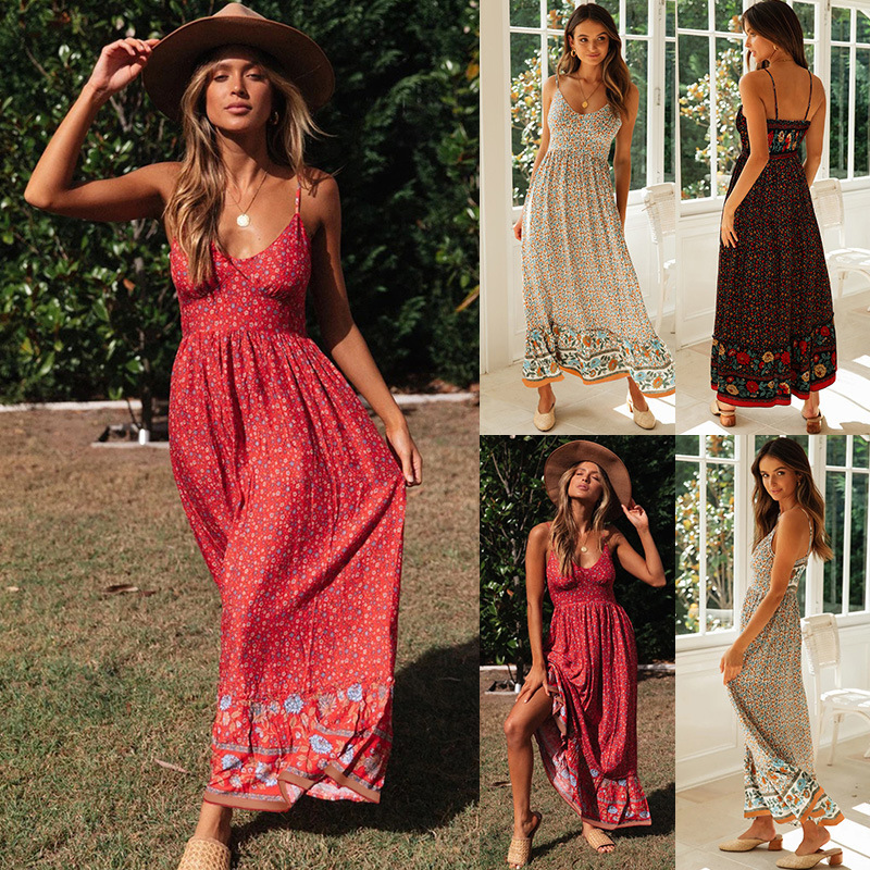 2026 Summer New Style Large Hem Skirt Amazon European and American Women's Clothing Bohemian V-Neck Strap Floral Dress