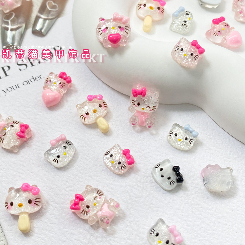 Nail Accessories KT Cat Internet Popular Cute Three-Dimensional Ice Bow Cat Resin Diamond Hello Kitty Nail Decoration