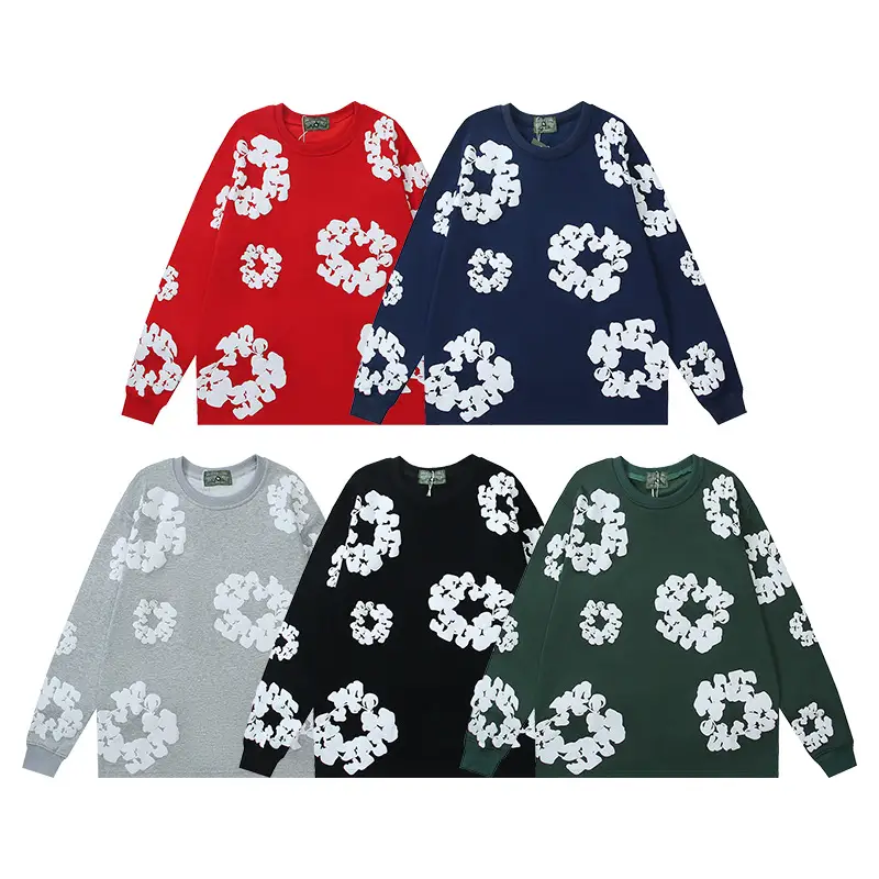 2025 new three-dimensional foam kapok printing hip-hop loose European and American fat guy loose round neck sweater multi-color