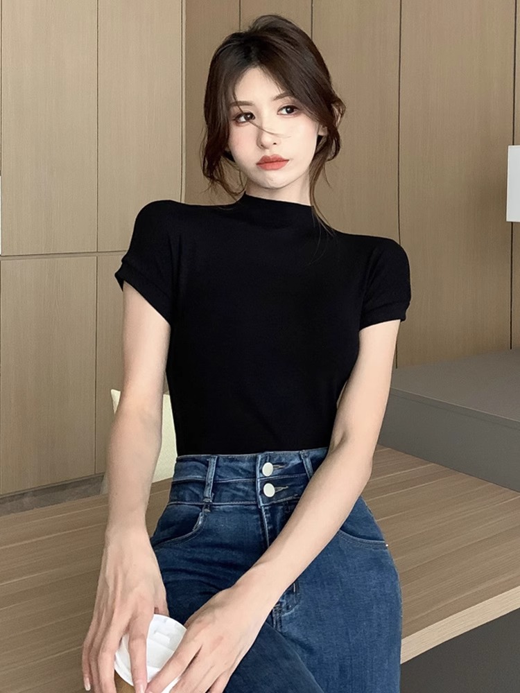 Cross-Border Right Shoulder Women's T-Shirt Summer Design Slim White Short-Sleeved Sexy Top with Half Turtleneck Bottoming Shirt