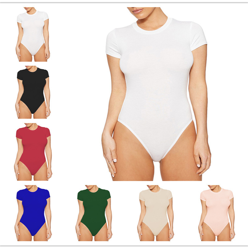 2025 New European and American Fashion Casual Round Neck Tight Jumpsuit Pure Color Sexy Slim Short-Sleeved T-Shirt