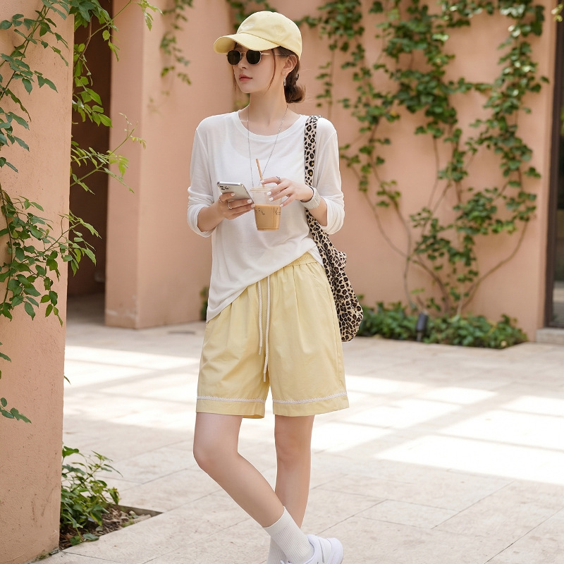 Old Money Style Patchwork Lace Trim Drawstring Shorts for Summer, Fashionable Versatile Wide Washed Cotton Loose-Fitting Shorts