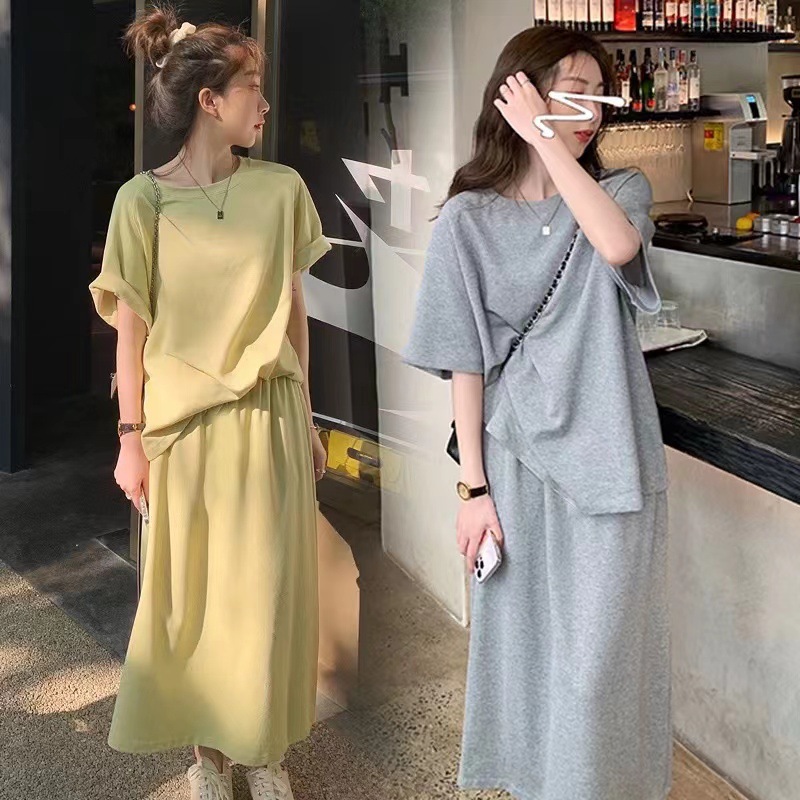 Summer Youthful Green Casual Two-Piece Set: Solid Color Short-Sleeve T-Shirt + Mid-Length Slimming Skirt Sports Outfit