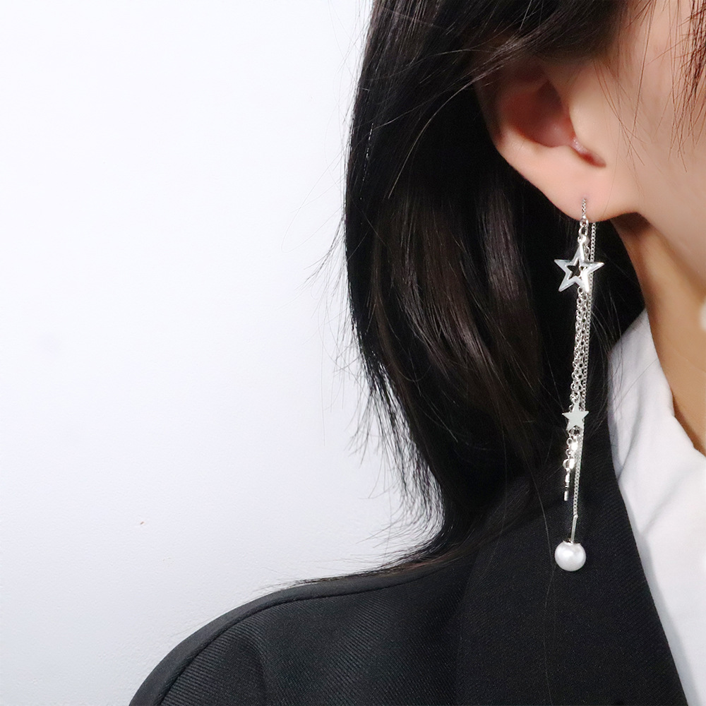 OL Fashion Hollow Star Tassel Ear Line Super Fairy Long Five-pointed Star Chain Earrings Creative Bead Spiral Earrings