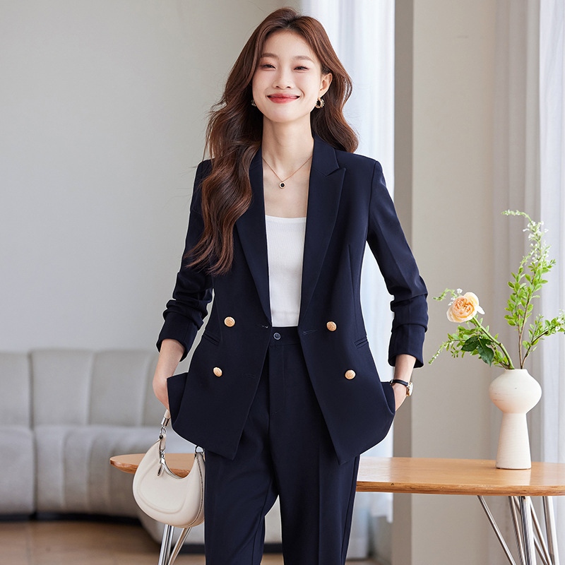 navy blue Suit suit Women's Light Workplace Advanced Sense Interview Professional Dress Double-breasted College Student Suit Jacket