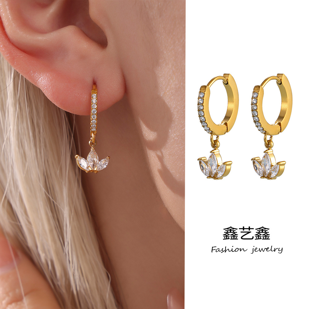 Xinyixin Stainless Steel Full Diamond Micro-inlaid Clover Zircon Earrings Earrings Jewelry PVD Plated 18K True Gold Color Preservation