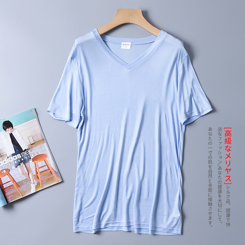 Summer New Silk V-neck Short-sleeved T-shirt Thin Mulberry Silk Double-sided Knitted T-shirt Comfortable Breathable Men's T-shirt