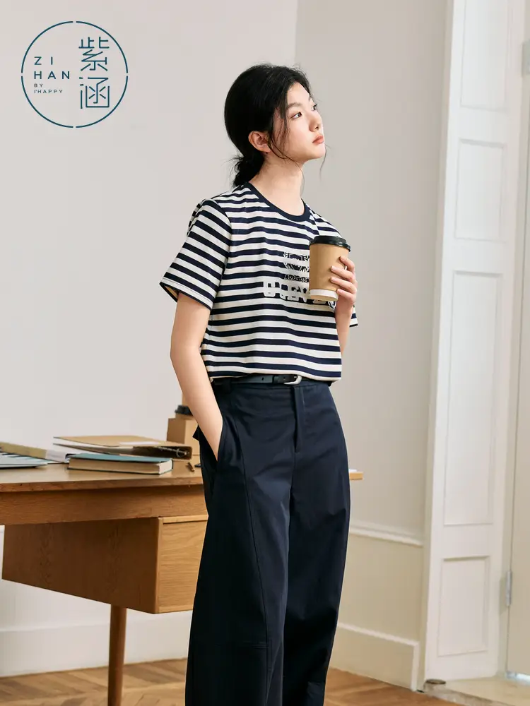 Zihan Navy Blue Stripes round Neck Short Sleeve T-shirt Female 2025 Summer New Preppy Style Easiest for Match Commute Leisure Tops