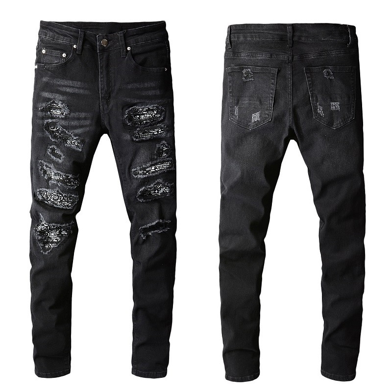 European and American Men's High Street Black Jeans, Men's Style with Hand-Rubbed Distressed Patches, American-Style Slim Fit, Trendy and Stylish