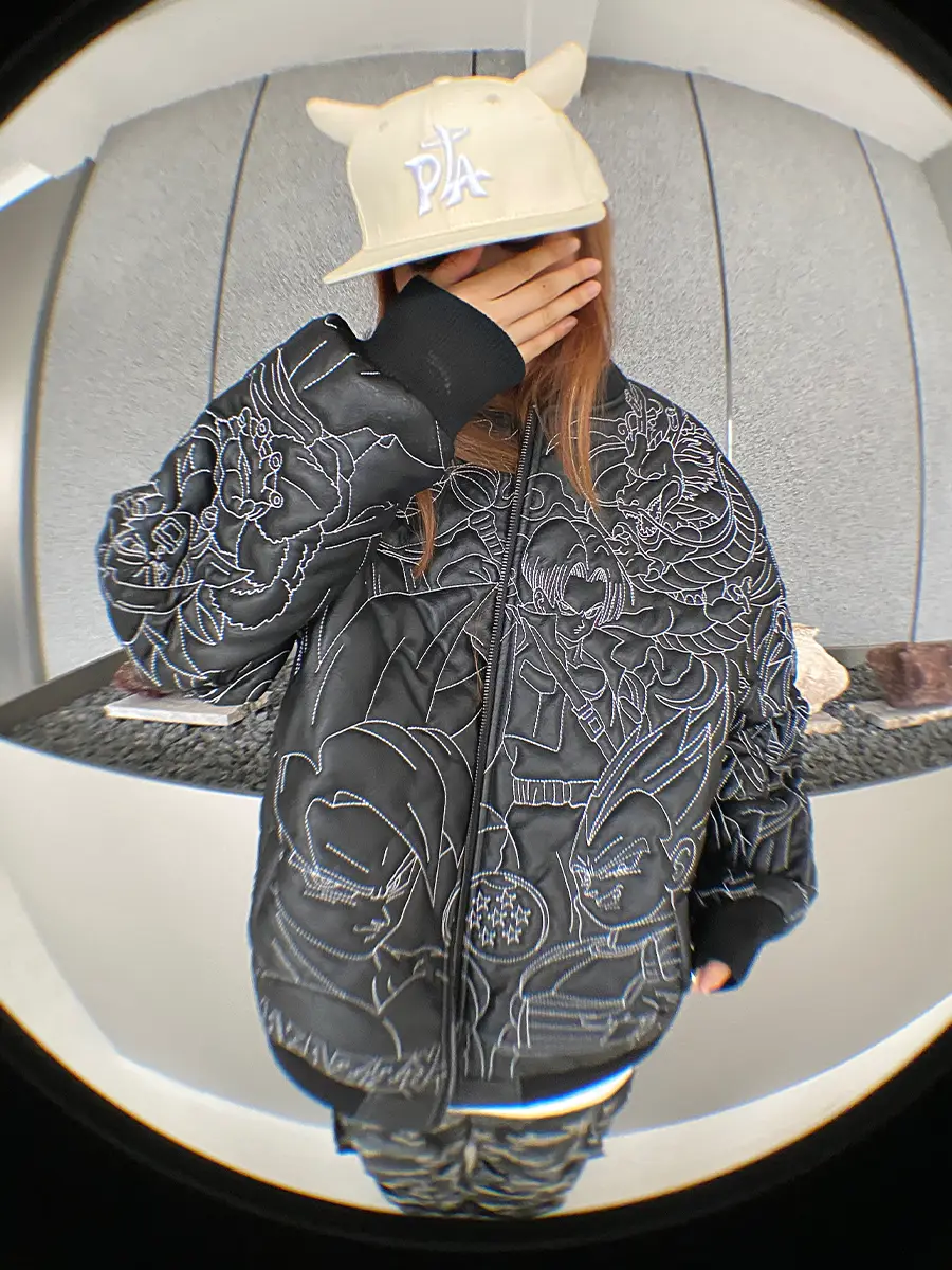 Kakazzy Heavy Industry Line Animation Embroider Pu Leather Baseball Uniform Outwear Men's Hip Hop Loose Padded Spring & Fall jacket