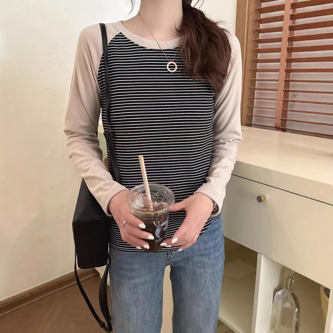 Korean Style Casual Striped Contrast Velvet Crewneck Base Shirt Women's Autumn and Winter Warm All-match Loose Comfortable Inner Top