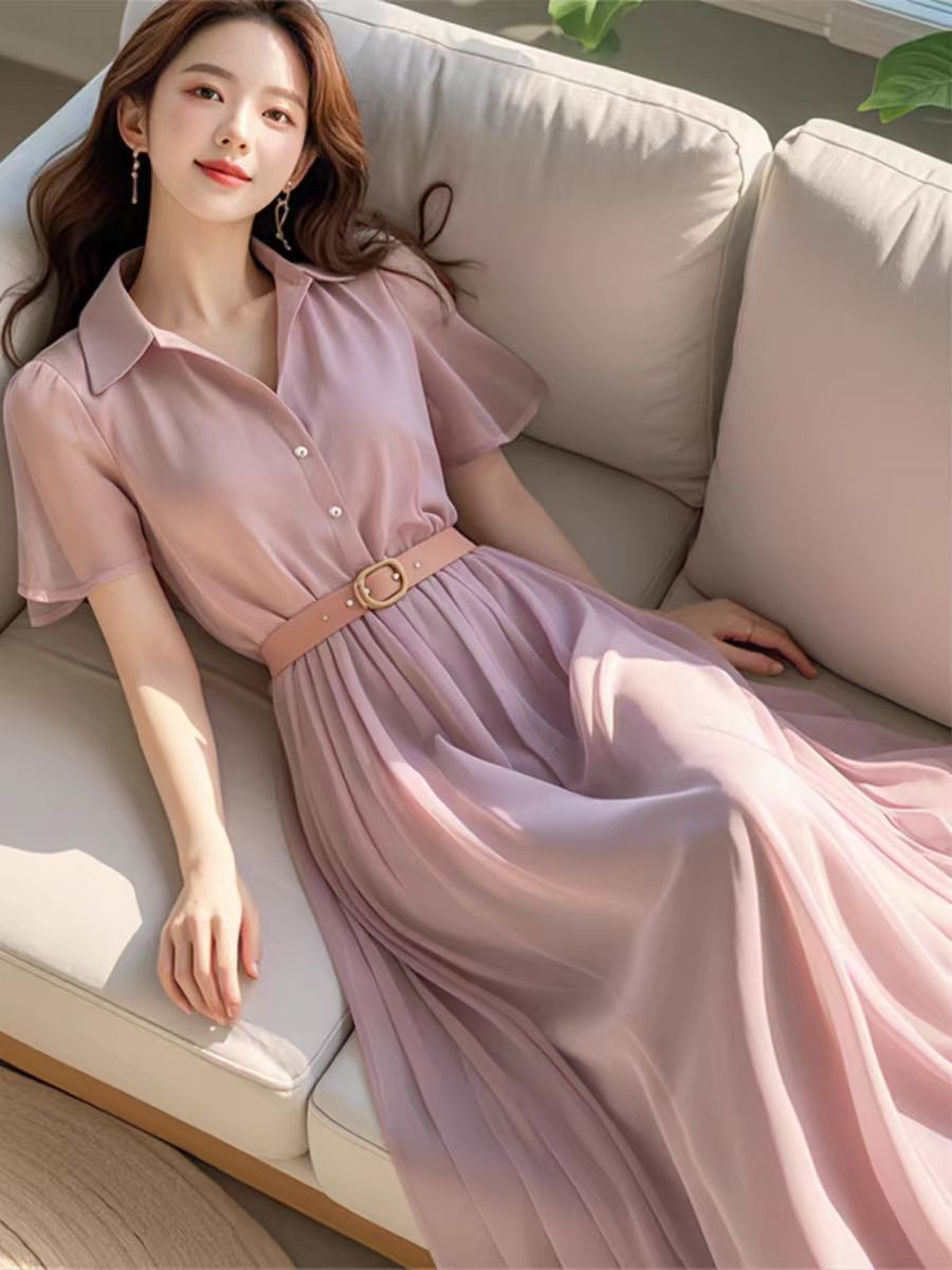2025 new summer this year's popular simple and generous high-end sense purple chiffon dress women's dress