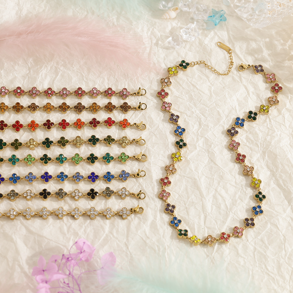 Cross-Border Hot-Selling Full Diamond Four-Leaf Clover Exquisite Luxury Necklace for Women, Light Luxury High-End Stainless Steel Jewelry, Colorful Necklace