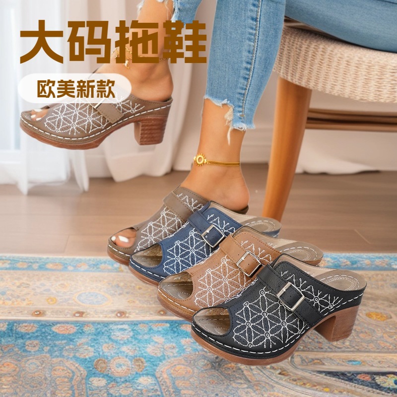 Cross-Border Plus-Size European and American Fashion Embroidered Metal Buckle High-Heeled Half-Covered Toe Slippers for Women, One-Strap Closed-Toe Slip-On Slippers