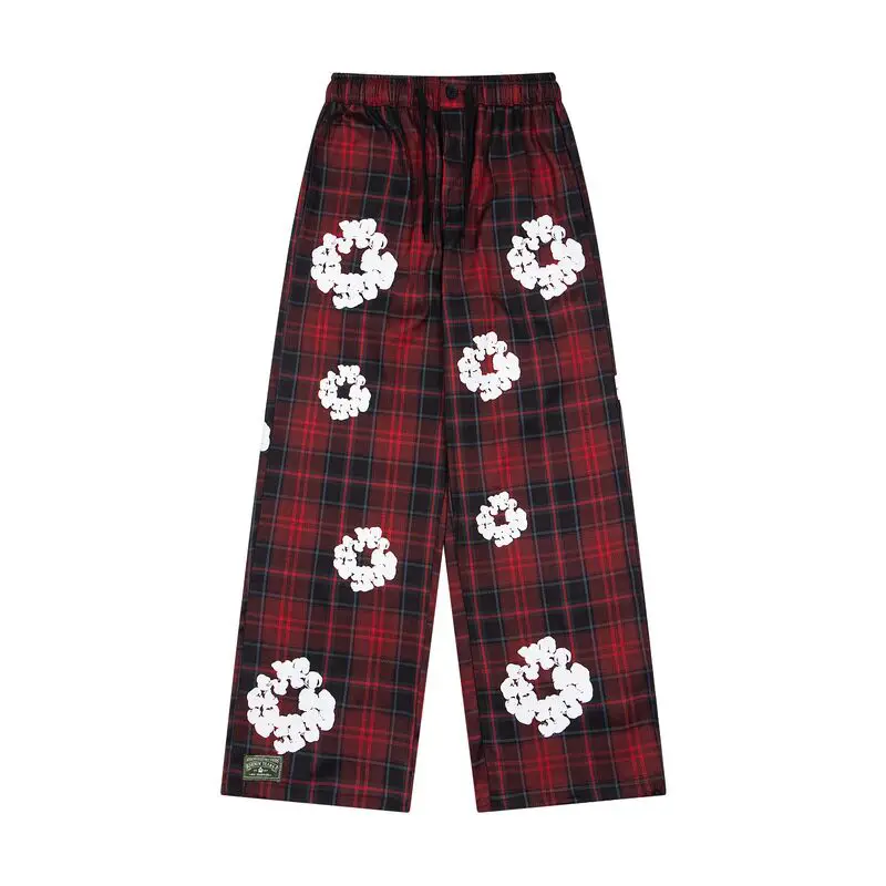 Men's and Women's Denim Tears New Cotton Flower Print Trendy Street Casual Plaid Straight Loose Long Pants Ins