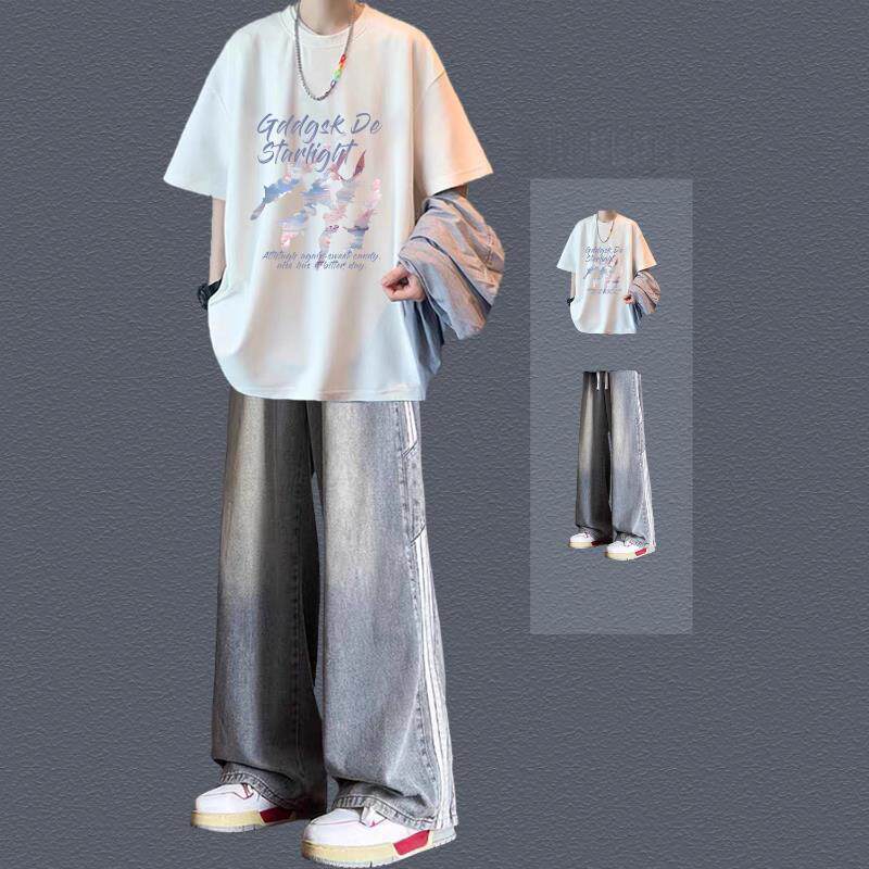 Summer Short-Sleeved Men's Suit, Trendy Brand T-Shirt, Trendy and Stylish Jeans Two-Piece Set for Men