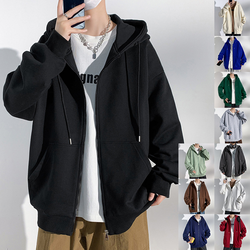 300g Heavy Cardigan Solid Color Sweater Hong Kong Style Loose Cardigan Hooded Couple Jacket Men's Spring and Autumn plus size Jacket