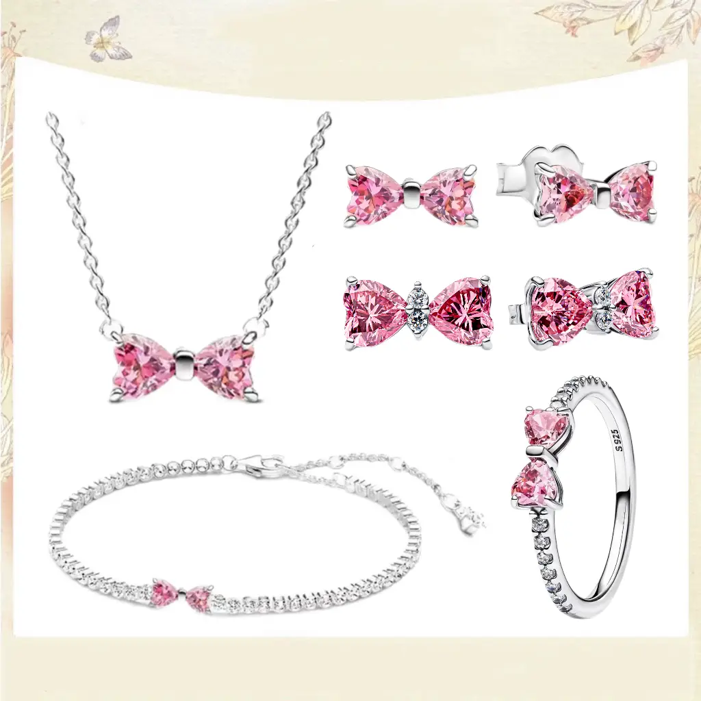 S925 Sterling Silver New Pink Bow Series Beaded Ring Necklace Earrings Bracelet as a Birthday Gift for Your Girlfriend