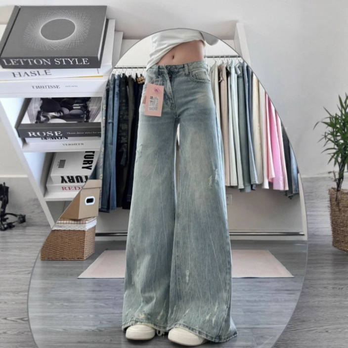 Hong Kong Style Retro Ripped Wide-Leg Jeans for Women, Petite Size, Super Stylish, Loose Fit, Flattering for Pear-Shaped Body, Straight Long Pants