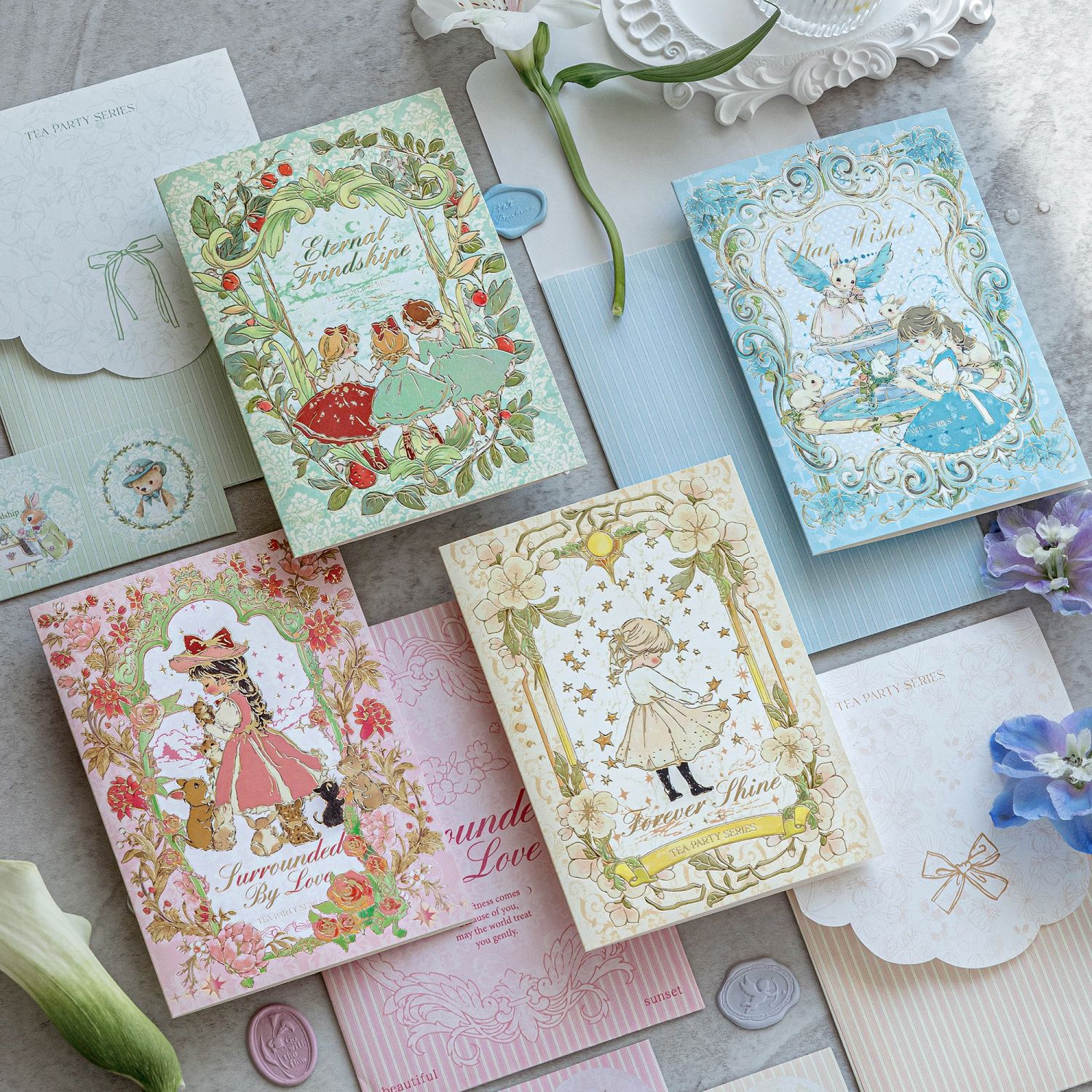 Momo Gold Foil Greeting Card & Envelope Set Tea Party Series Birthday Greeting Message Gift Card Letterhead Stationery
