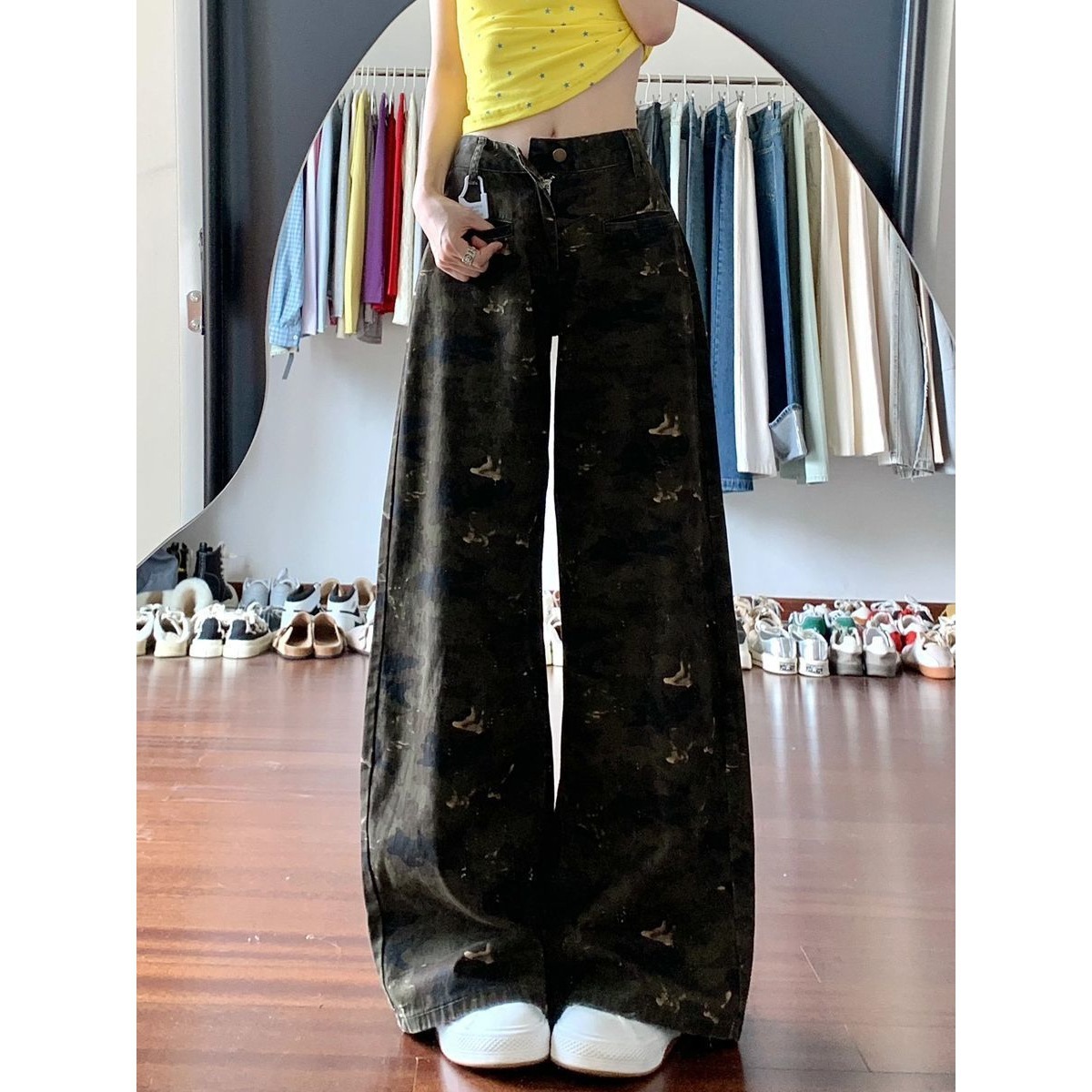 Petite Spicy Girl Retro Camouflage Wide-Leg Jeans for Women, New High-Waisted Loose Slimming Straight-Leg Pants, Floor-Length Trousers