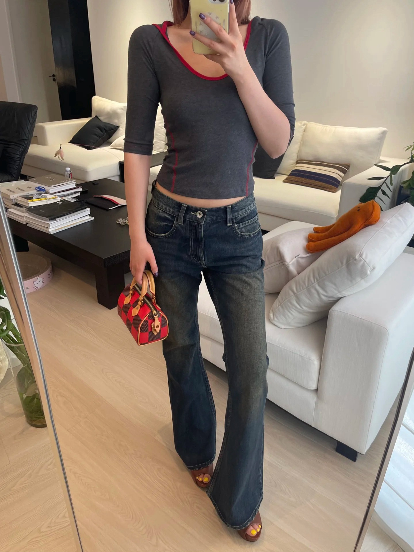 New Slim-Fit Slimming Old Washed Soil Color Mid-Waist Front Long Rear Short Horn Denim Trousers for Women 5012