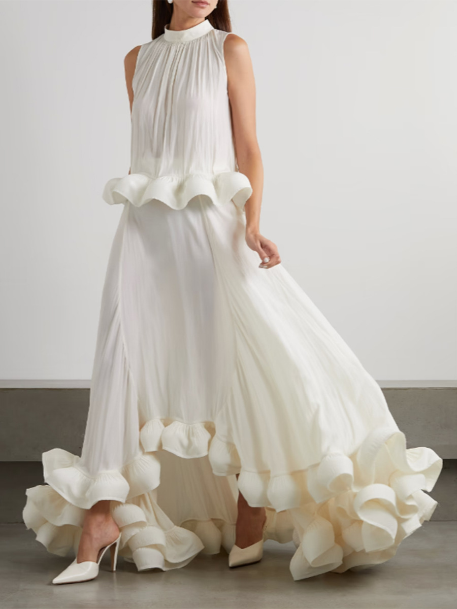 2026 New Summer Style Pleated Stand-Collar Sleeveless Top with Asymmetrical Patchwork Ruffle Skirt Two-Piece Set