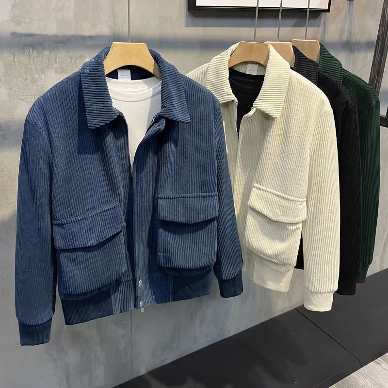 Autumn and winter warm lapel corduroy workwear jacket men's Korean style simple large pocket loose casual top coat