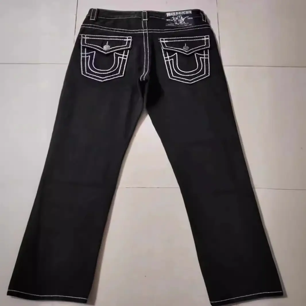 Fashion Street American High Street Trendy Brand White Thick Line Harajuku Versatile Black Straight-Leg Jeans for Men