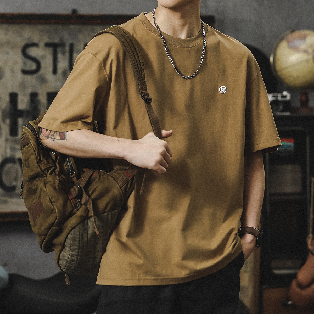 Japanese Heavy Short-sleeved T-shirt Men's Summer Trendy Embroidered Cotton Half-sleeved Men's Trendy Brand Loose plus size Half-sleeved