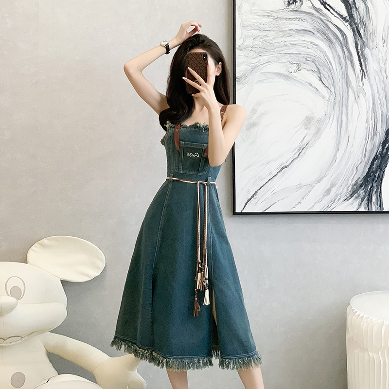 Tassel Raw Edge Denim Suspender Skirt Dress Women's Mid-Length Summer and Autumn New Unique Slit Camisole Skirt