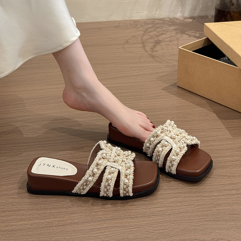 Chanel-Style Stunning Sandals for Women 2026 New Summer High-End French-Style Pearl Wedge Beach Sandals for Outdoor Wear