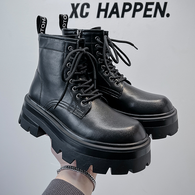 European and American Thick-soled Elevated Martin Boots Men's Trendy Side Zipper Motorcycle Tooling British Style High-top Black Leather Boots