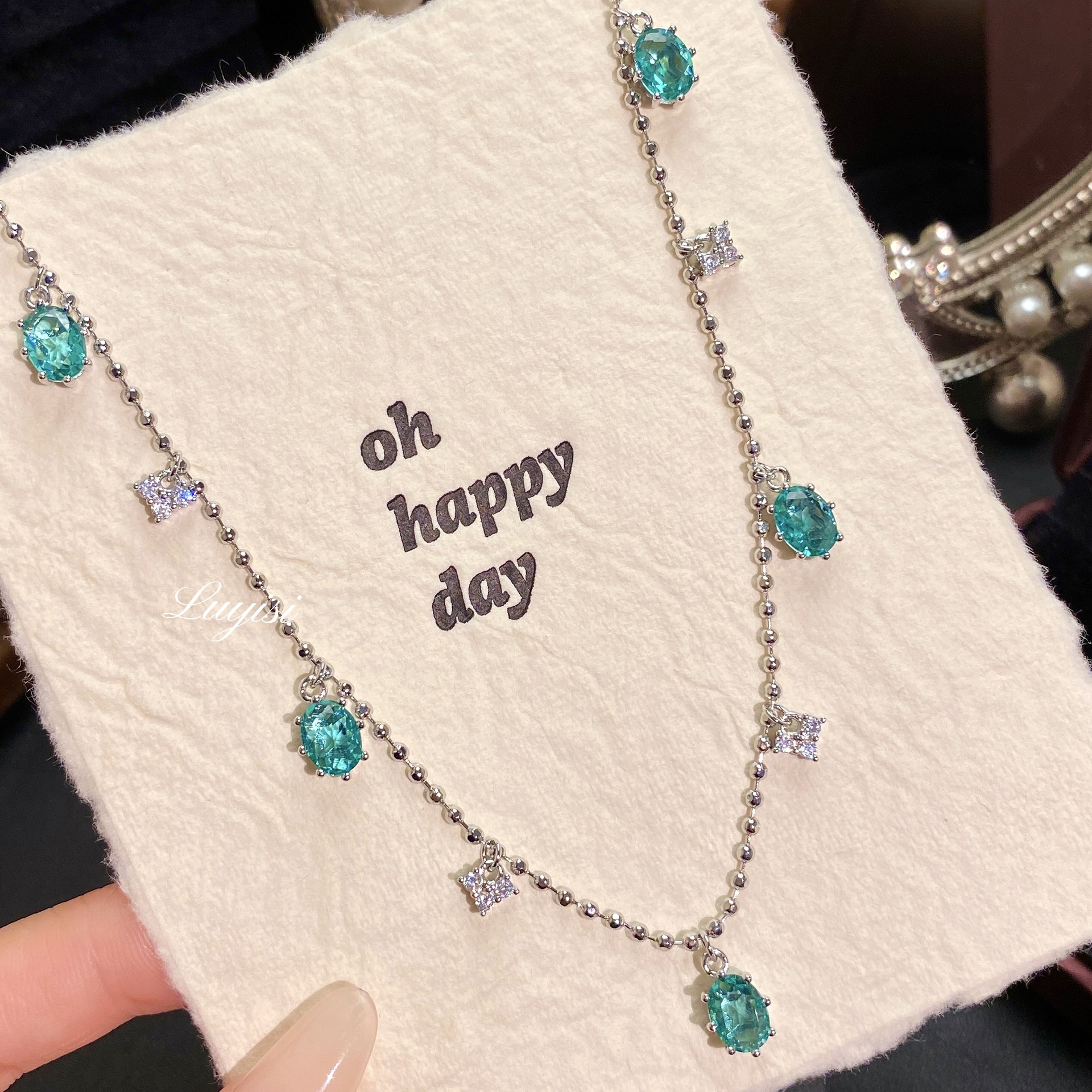 Island Story Lake Blue Paraiba Green Pendant Tassel Necklace Love Sparkling Diamond Light Luxury High-End Clavicle Chain for Women