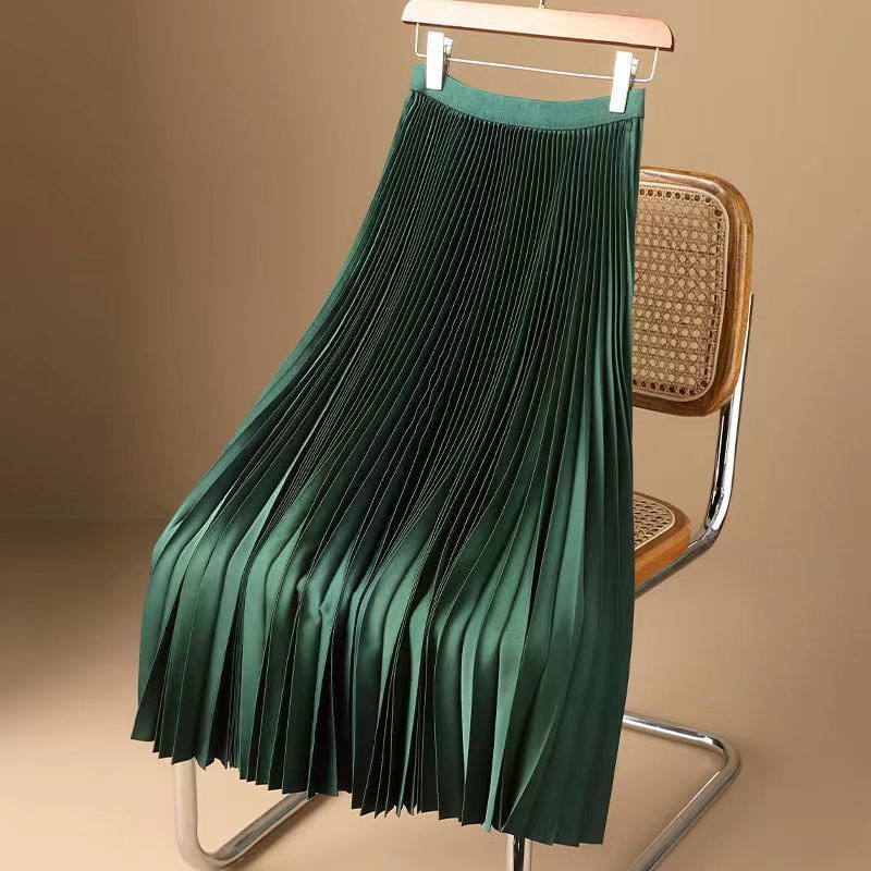 Cross-border Satin Solid Color Pleated Skirt 2024 Summer Fashion Thin Mid-length Over-the-knee High Waist A- line Skirt Skirt