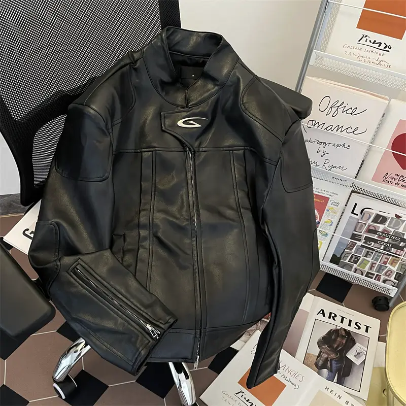 American High Street Pu Leather Stand Collar Jacket for Men, Spring and Autumn Trendy Street Style, Loose Fit, Vintage Look, Stylish Biker Jacket with Padded Shoulders