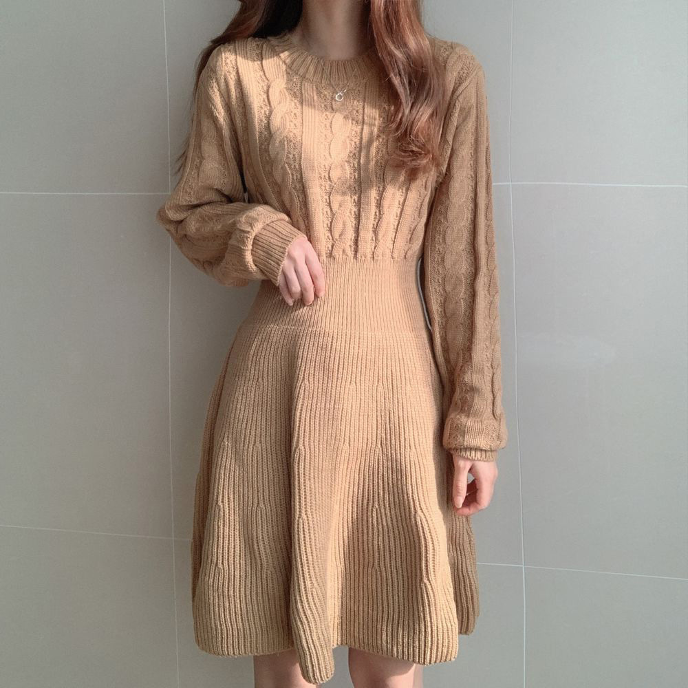2025 New Autumn and Winter Korean Chic Slim and Versatile Style Twist Waist Knitted Long-Sleeved Sweater Dress Trendy