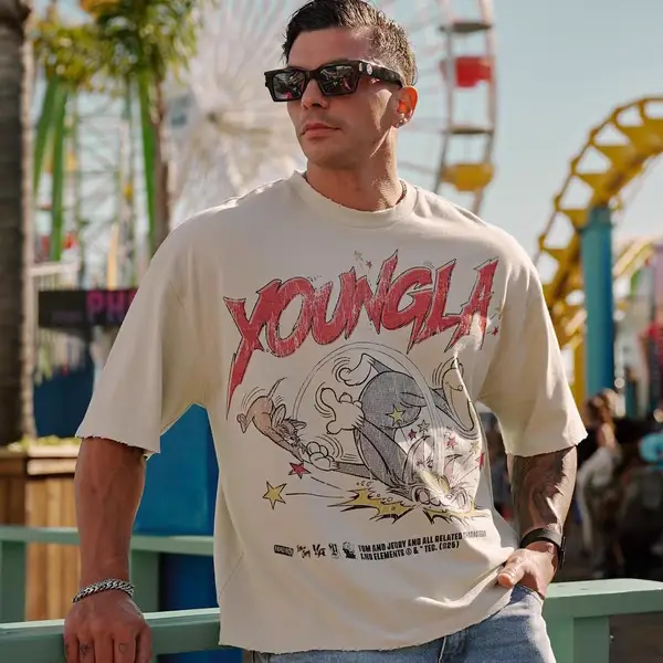 Youngla's New Co-Branded Pure Cotton Washed Sports Fitness Loose Summer Short-Sleeved Printed T-Shirt Is Casual and Versatile