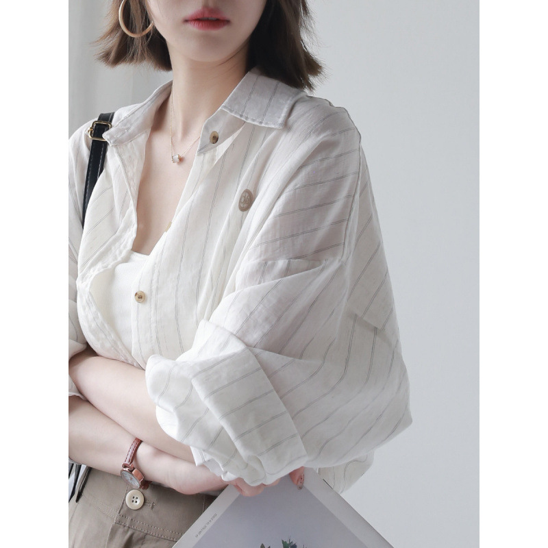 2026 Spring and Summer Loose Sun Protection Clothing Striped Cotton and Linen Long-Sleeved Shirt Women's Mid-Length Outer Wear Embroidered Layered Top