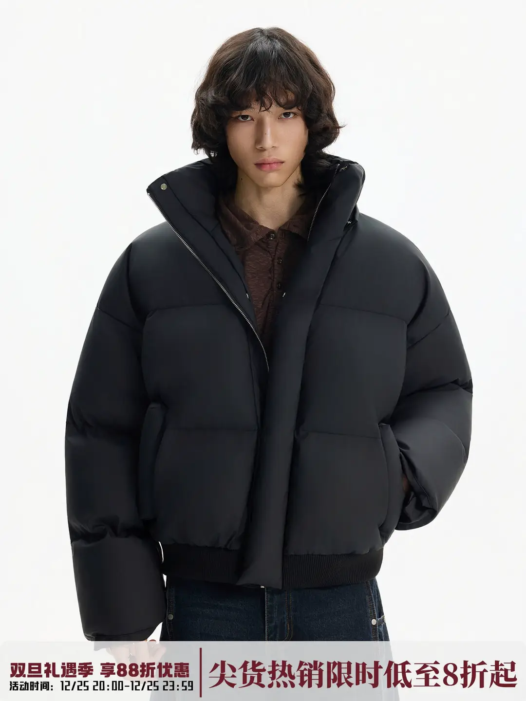 Blaexit American Style Black Short Puffer Jacket Men's Winter Warm Cotton Coat Bomber Jacket