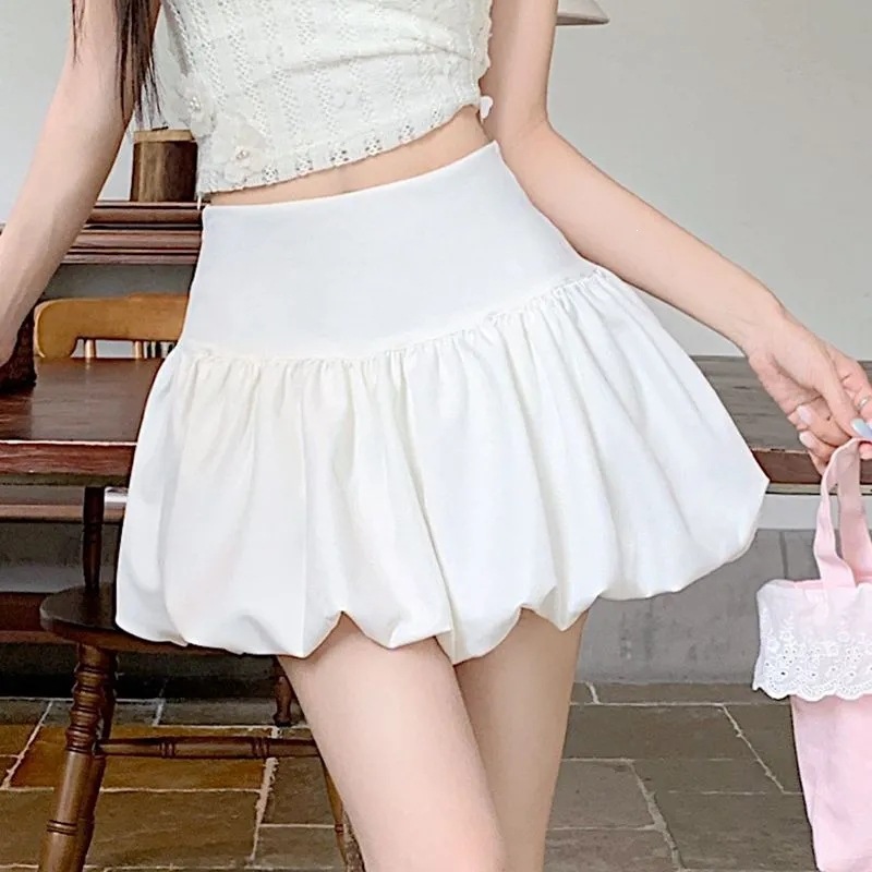 White Puffy Skirt for Women, Summer High-Waisted Slimming Ballet-Style Floral Skirt, Anti-Exposure Short Skirt
