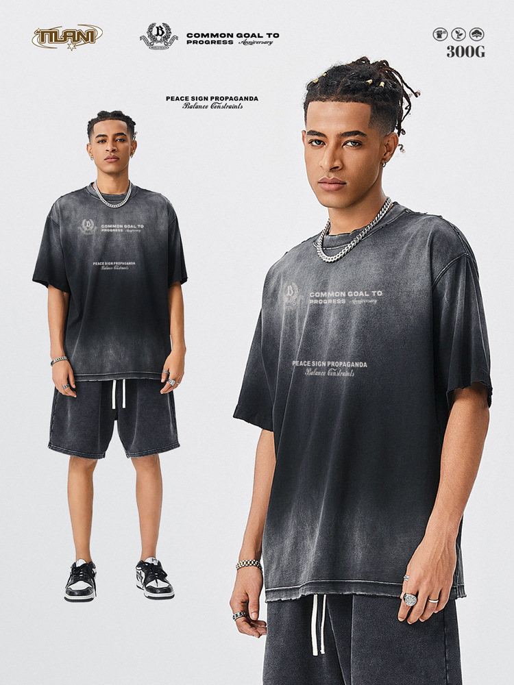 TILANI Men's American Style Trendy Short-sleeved T-shirt oversize Cotton Loose Top Gradient Washed All-match T-shirt