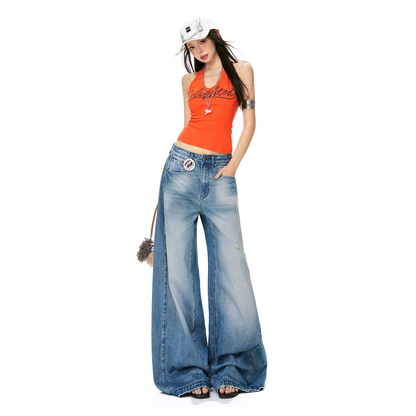 Light Blue Washed Wide-Leg Jeans for Women, 2026 New Design, Three-Dimensional Cut, Drapey Floor-Length Pants