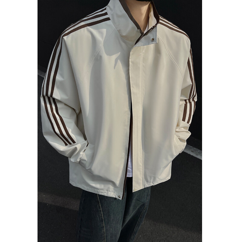 American-Style Three-Stripe Stand Collar Jacket for Men, Autumn New Trendy Brand, Loose Plus-Size Sports Jacket, Versatile Men's Parka
