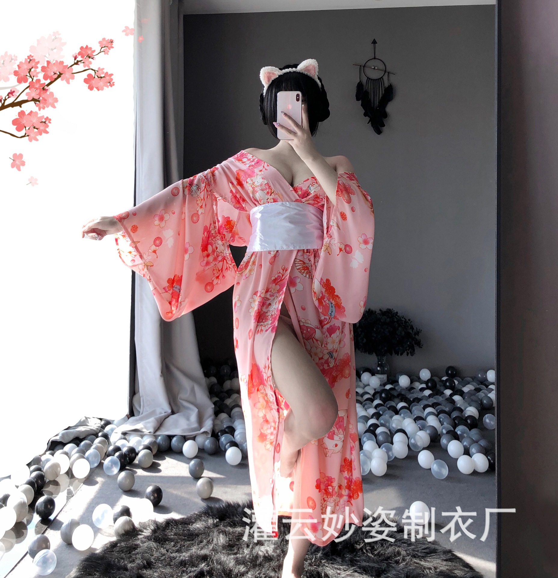Sanshengyin New Sexy Intimates Japanese Style Kimono Women's Long Catwoman Sexy Pajamas Temptation Ladies Chiffon 1143