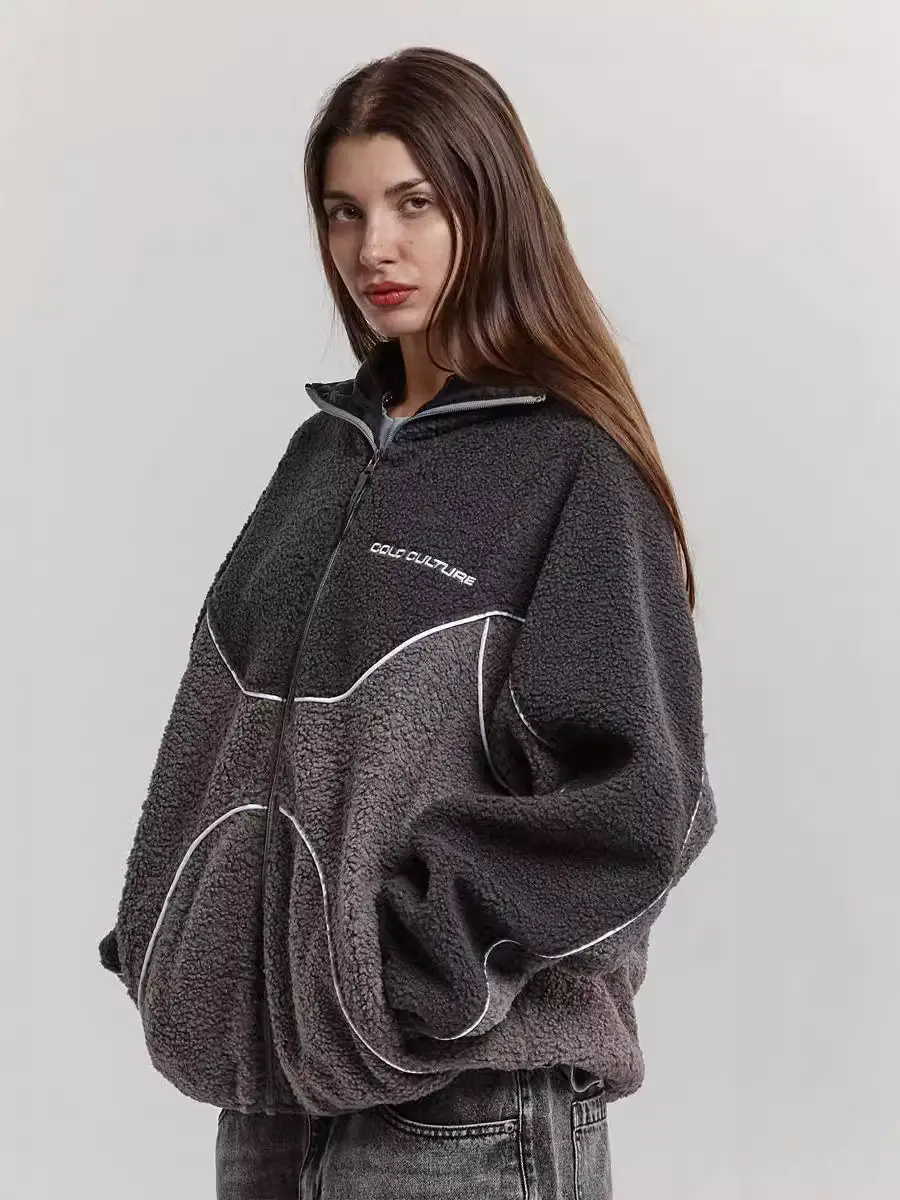 Cross-border 2024 European and American style autumn and winter new color matching lamb wool coat tide brand American street hooded coat for men and women