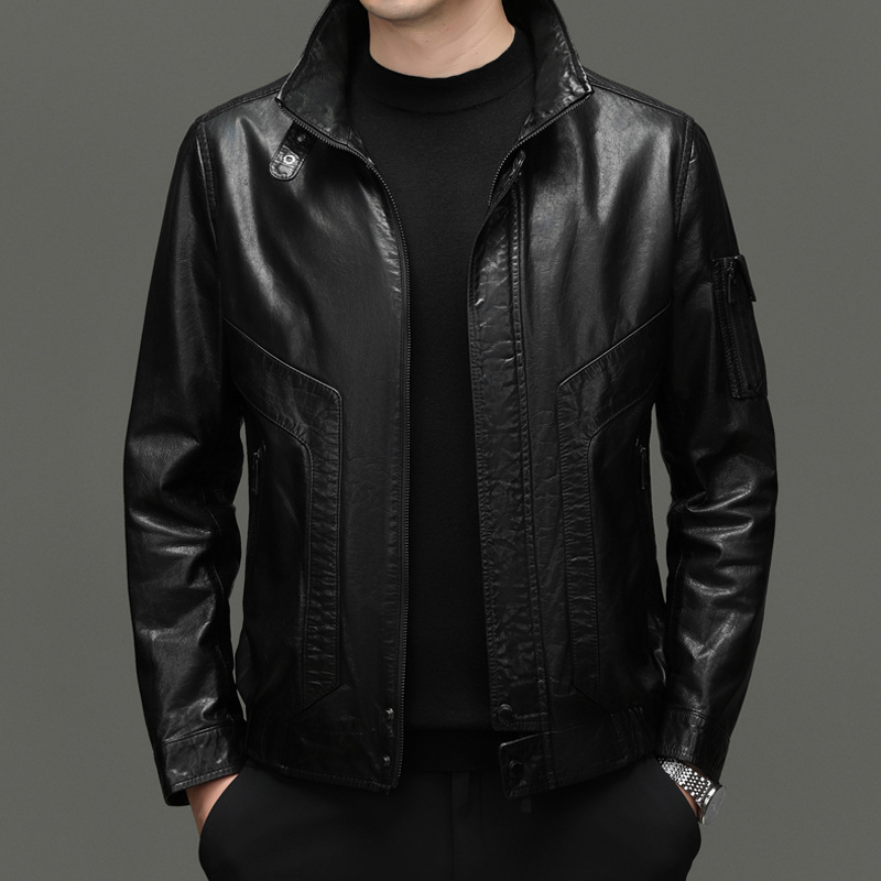 Oil Wax First Layer Cowhide Haining Leather Jacket Men's Genuine Leather Stand Collar Jacket Autumn and Winter New Casual Retro Jacket Men's Top